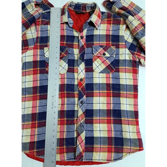 Plaid Flannel Size Medium Quilted Lined Shirt Shacket Red Blue Button Insulated - Picture 8 of 9